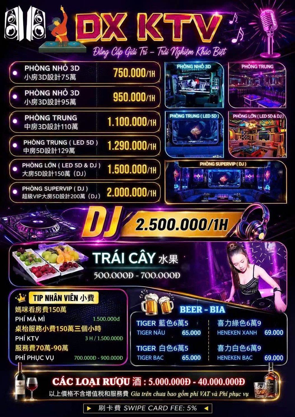DU XUÂN KTV 遊春 價目表原件：六檔包廂每小時房價、DJ 2,500,000、果盤、媽咪看房費、陪唱小費、服務費、Tiger 與喜力啤酒、洋酒區間及刷卡費 5%