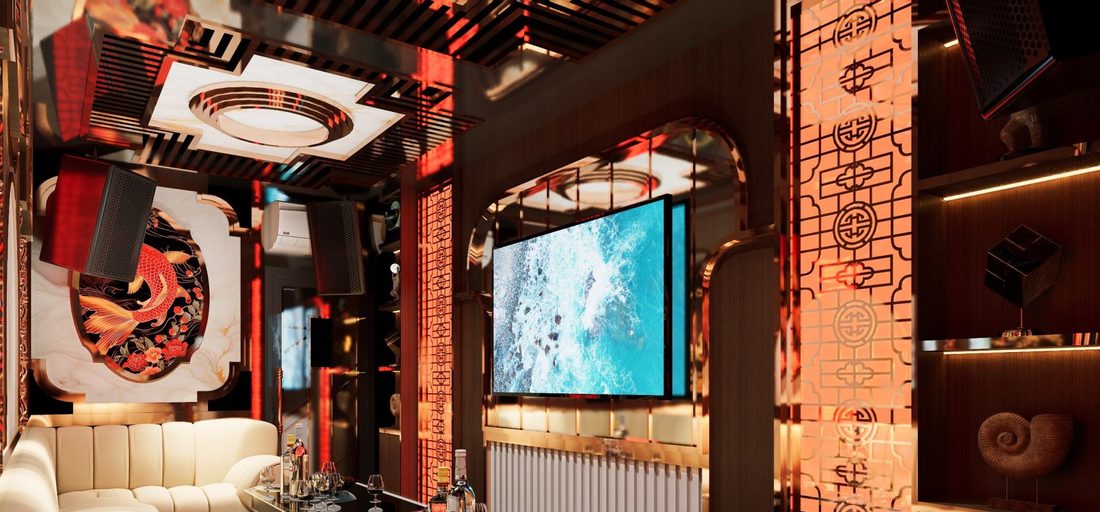 HERMES PARIS KTV 中式包廂，大理石開光框內的立體錦鯉浮雕與銅色回紋格柵