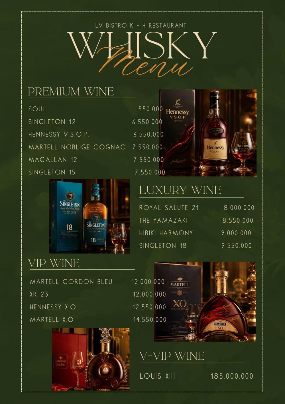 HERMES PARIS KTV 洋酒單原件：精選酒、高階、VIP 與 V-VIP 四檔威士忌與乾邑價格