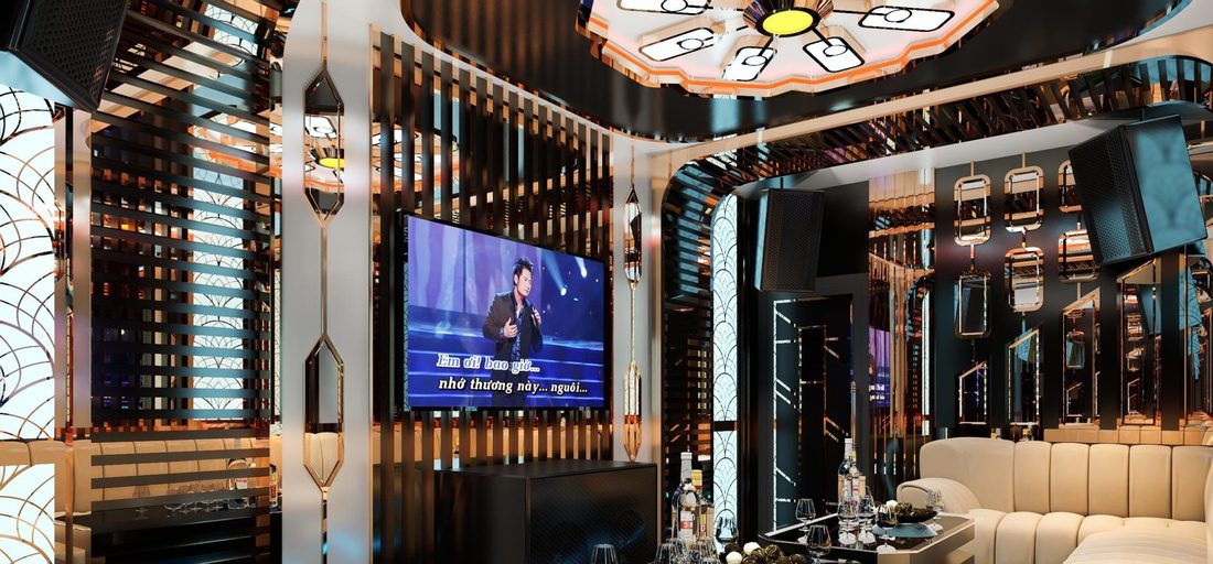 HERMES PARIS KTV 裝飾藝術風包廂，銅色竪百葉、扇形彩繪玻璃與六角吊鏡