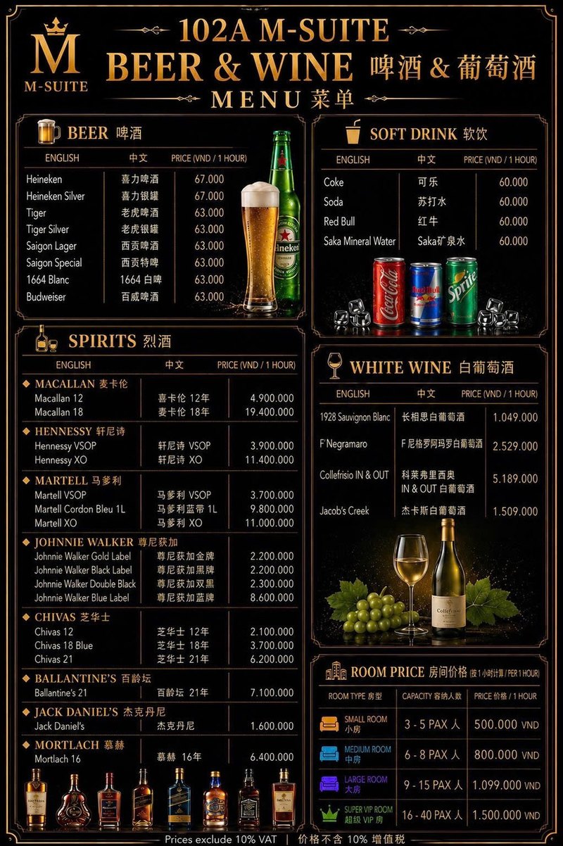 M SUITE 102 KTV 啤酒與葡萄酒菜單 · 啤酒、軟飲、烈酒、白葡萄酒與房間價格