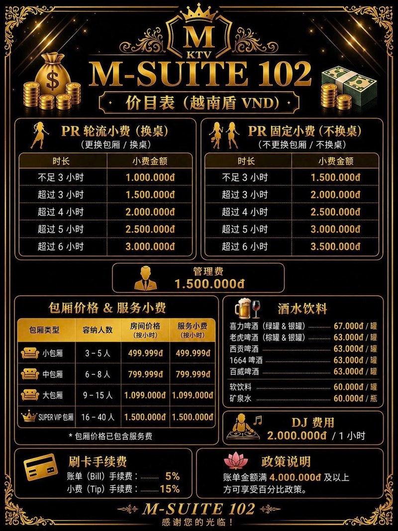 M SUITE 102 KTV 價目表中文版 · 包廂價格、PR 小費、管理費、酒水與刷卡手續費
